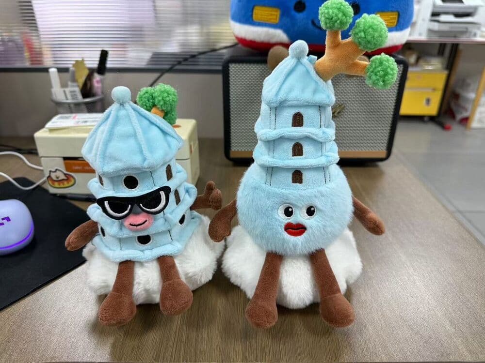 Custom blue tree-spirit character plush toy pair