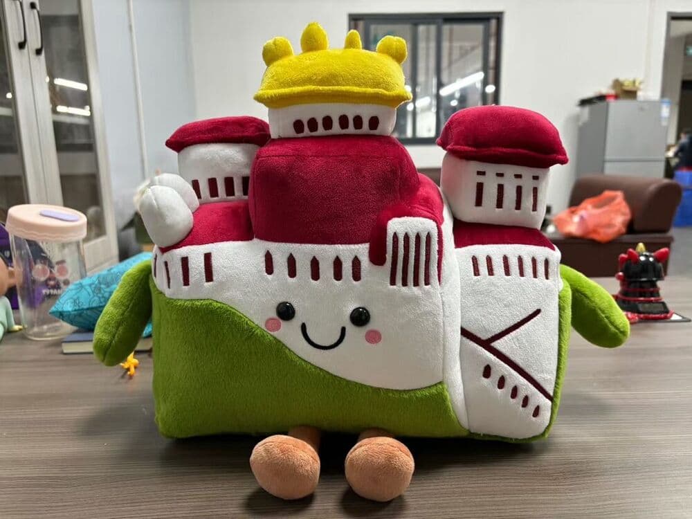Custom green castle mascot plush toy, ODM design